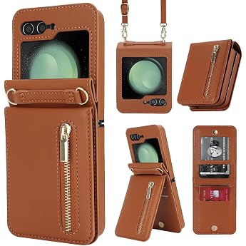 Kompatibel mit Samsung Galaxy Z Flip 6 Stand Stylische Flip Schutztasche aus Leder Brieftasche mit Rei verschluss Kartenfach Geldfach Handytasche mit Kordel f r Galaxy Z Flip 6 Braun