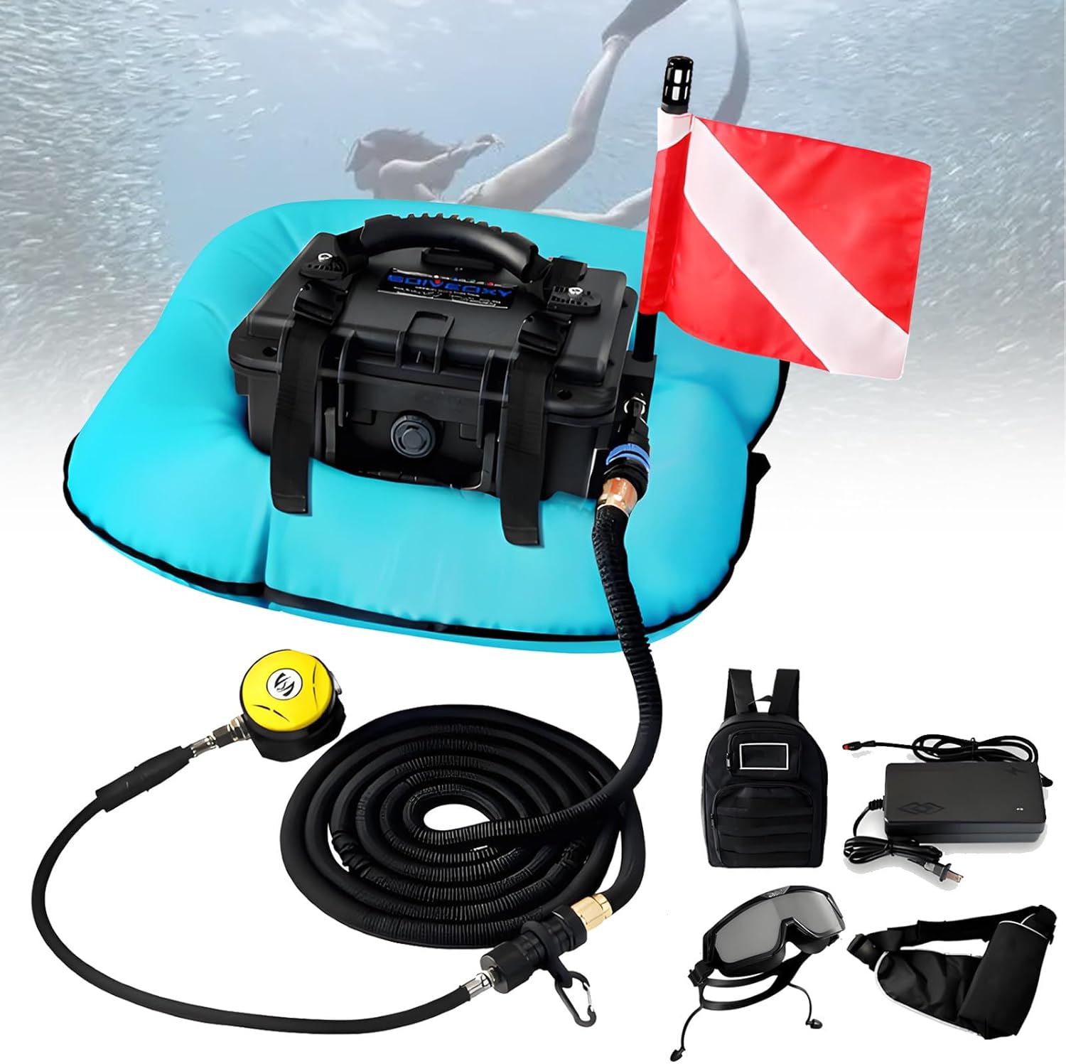 Electric Diving Respirator, Electric Underwater Breathing Apparatus, Equipped with A 9m Telescopic Tube and Inflatable Buoyancy Ring, for Safe Diving. Red-2Battery