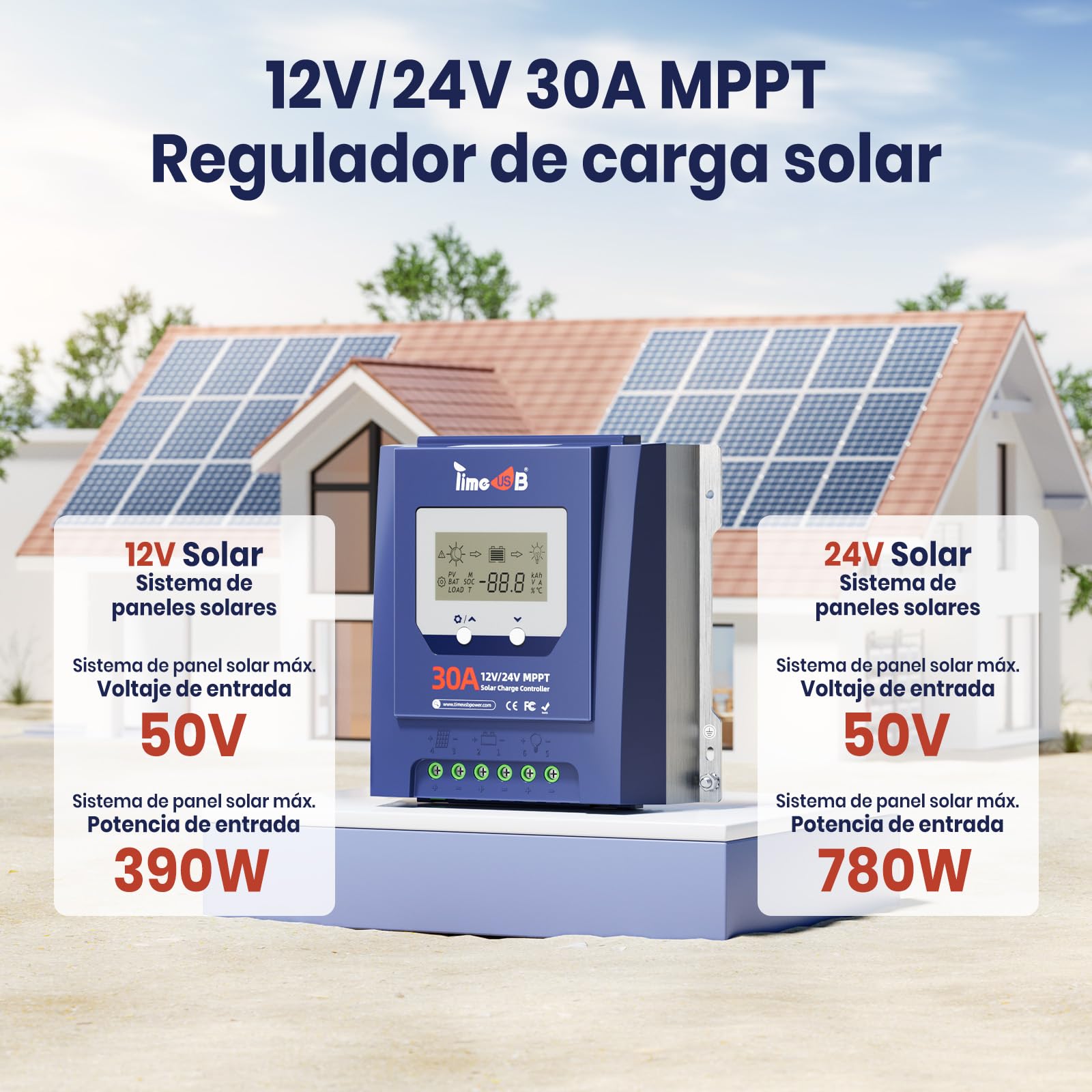 Timeusb Regulador de Carga Solar MPPT 12V 24V 30A para Batería LiFePO4 | Reconocimiento Automático,Entrada FV Máx. 50V,99% de Seguimiento,Controlador de Carga con Pantalla LCD para Plomo-ácido