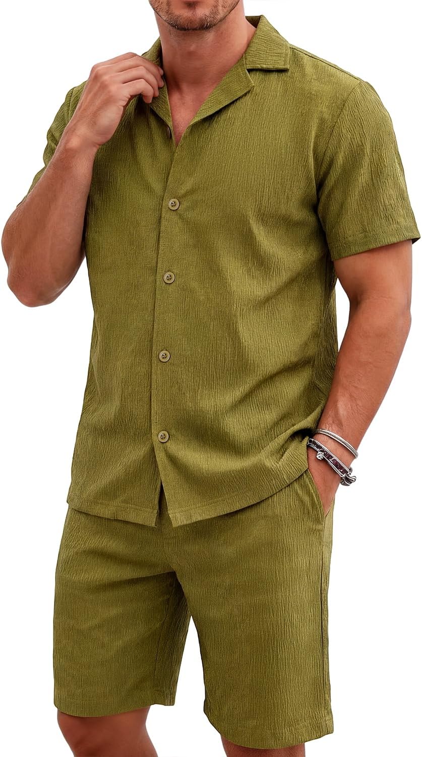 Heyfanee Men's 2 Piece Short Sleeve Shirts and Shorts Vacation Summer Beach Outfits Jacquard Sets for Men