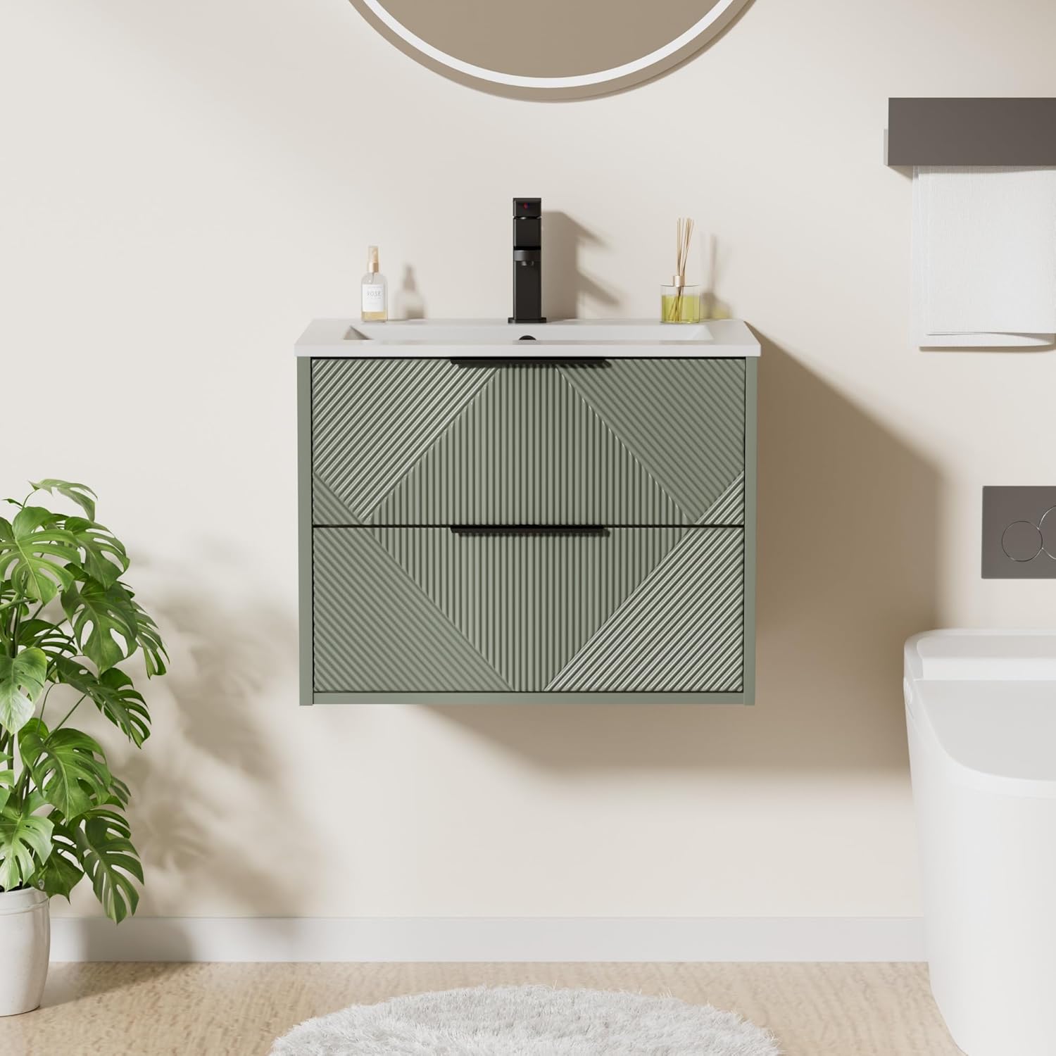 LUCKWIND 24" Floating Bathroom Vanity with Sink Combo, Wall Mounted Floating Cabinet with 2 Large Soft-Close Drawers & Water Saving Faucet, Geometric Textured Design in Green