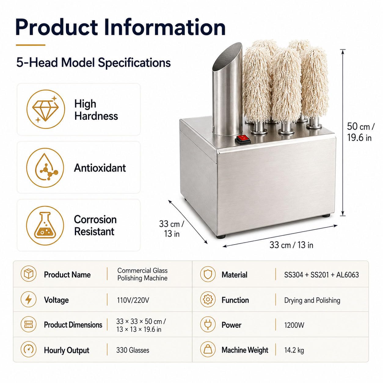 Máquina Abrillantadora de Copas, 3/5/8 Cepillos, Comercial FiveHeads