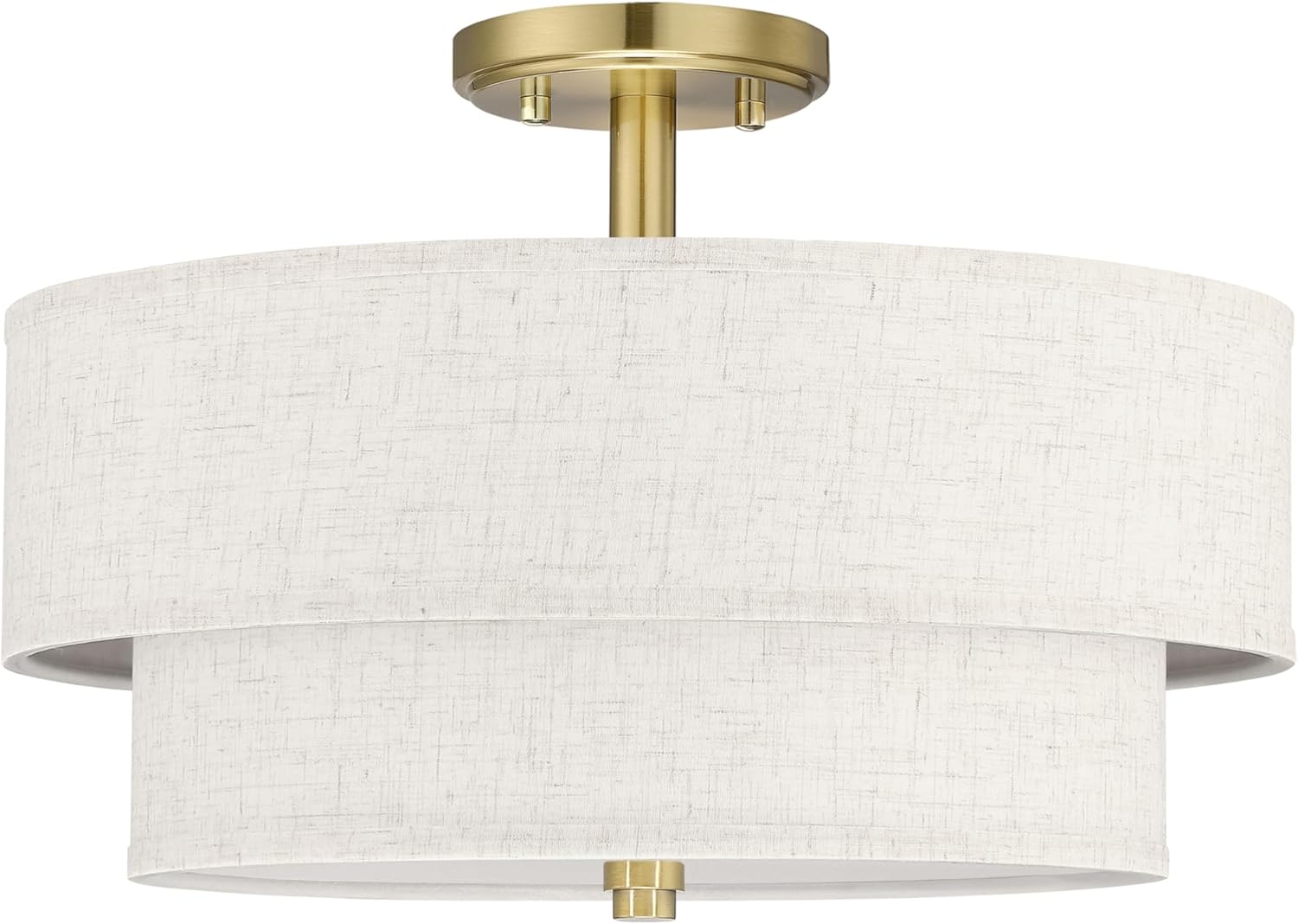 Leading Lighting 15 Inch Double Drum Linen Fabric Shade Gold Semi Flush Mount Close to 3 Light Ceiling Light Fixture for Bedroom,Living Room,Dining Room Hallway