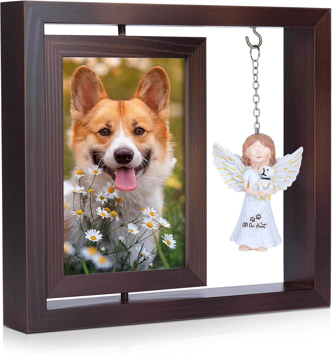 Babepets Dog Memorial Gifts for Loss of Dogs, Rotating Wooden Picture Frame with Resin Angel Statues Holds 4x6 Photo, Loss of Dog Cat Sympathy Gift, Pet Loss Remembrance Bereavement Keepsake (Brown)