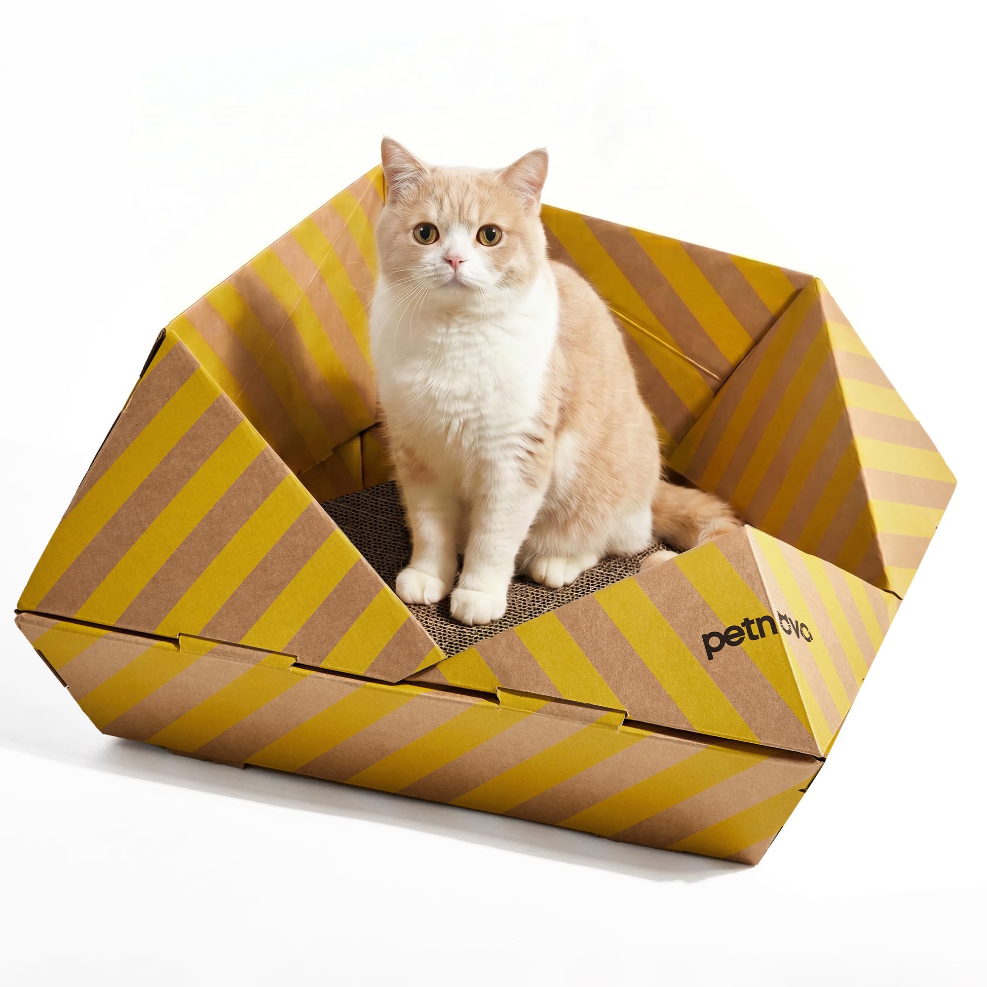 PETNOVO Scratch Cardboard Cat Scratcher Bed, Double-Sided Corrugated Pad, Cats Scratching Pad Easy for Cats to Scratch, Mess-Free Bed Lounge for Indoor cats，47 x 47 x 30cm, Yellow