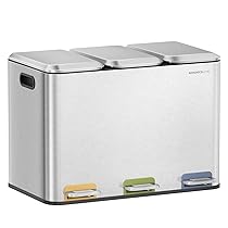SONGMICS HOME Cestino da Cucina Tripla, Pattumiera per Raccolta Differenziata 3 x 15 L con Pedali Colorati, Raccolta Differenziata, Coperchio e Secchi Interni, Acciaio, Argento Metallizzato