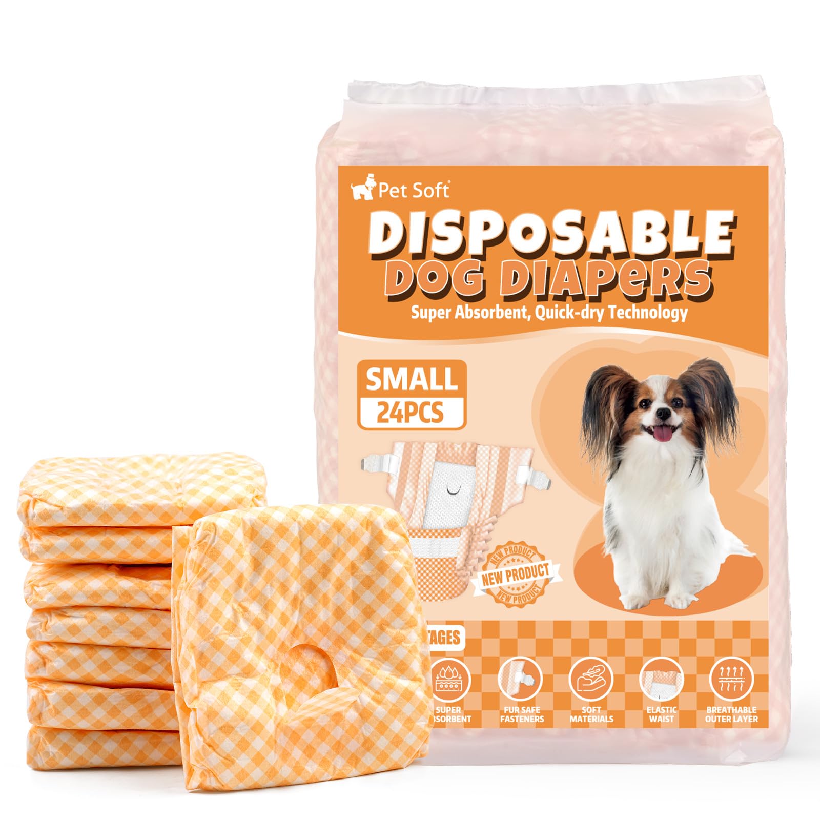 Pet Soft Female Dog Diapers - Disposable Puppy Diapers for Dogs & Cats, Ultra Absorbent Doggy in Heat Period or Urine Incontinence, 24pcs (S, Orange)
