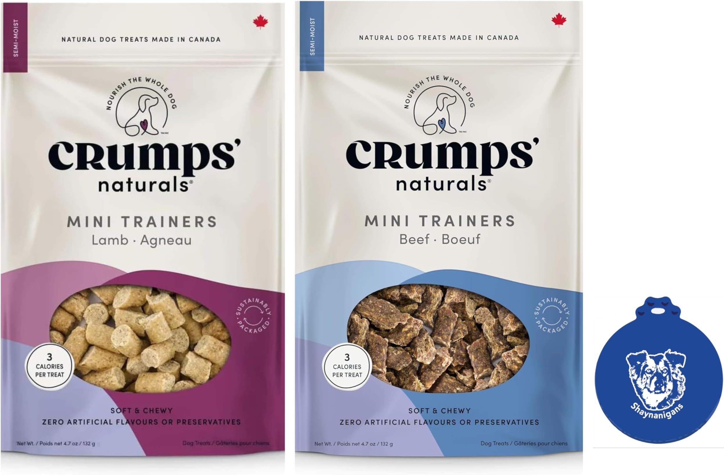 Crumps' Naturals Mini Trainers Soft & Chewy Dog Treats 2-Flavor Variety Bundle: 1 Beef and 1 Lamb (2 Bags Total, 4.7-Ounces Each) Plus Shaynanigans Silicone Lid