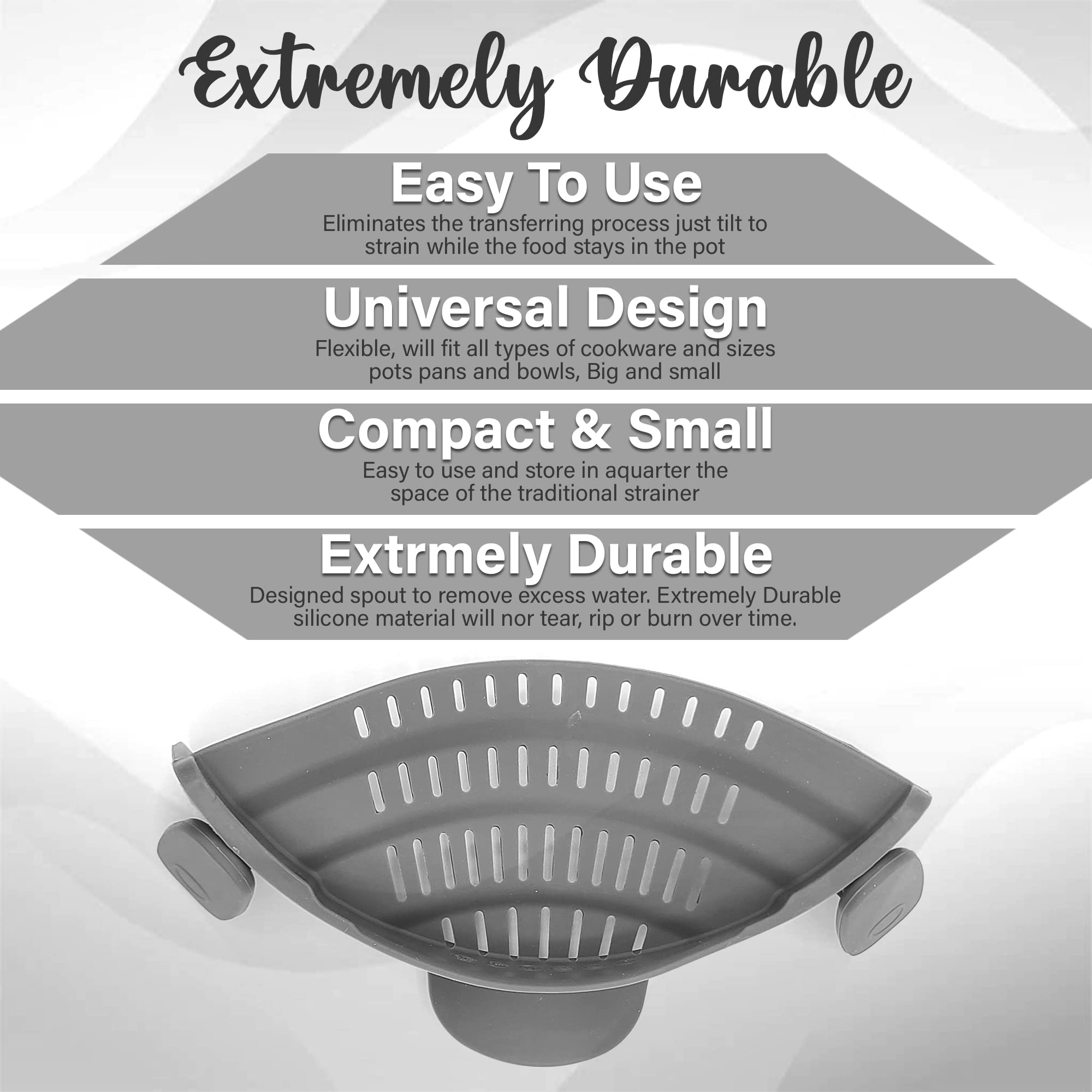 Strainer and Pasta Strainer - Adjustable Silicone Clip On Strainer for Pots, Pans, and Bowls, Kitchen Gadget, Gadgets for Home, Kitchen Must Haves, Fits All Bowls and Pots - Grey — view 5