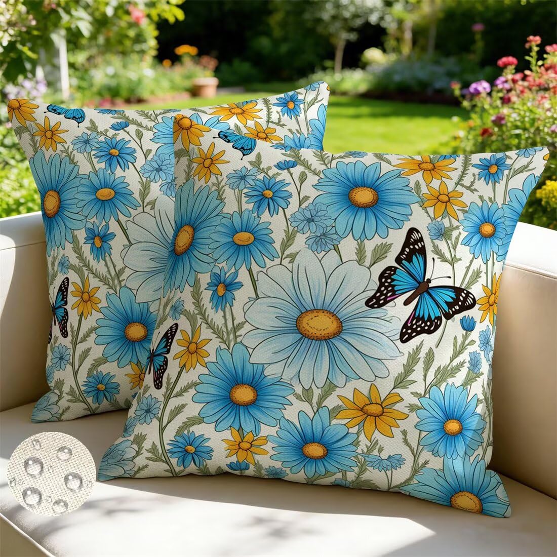 Wangllpgy Blue Daisy Outdoor Cushions 65Cm X 65Cm Set Of 2 Waterproof Cushion Covers Rustic Garden Cushions Summer Decorative Pillows Throw Pillow Covers Double-Sided For Outdoor Patio Garden Sofa -Gy469
