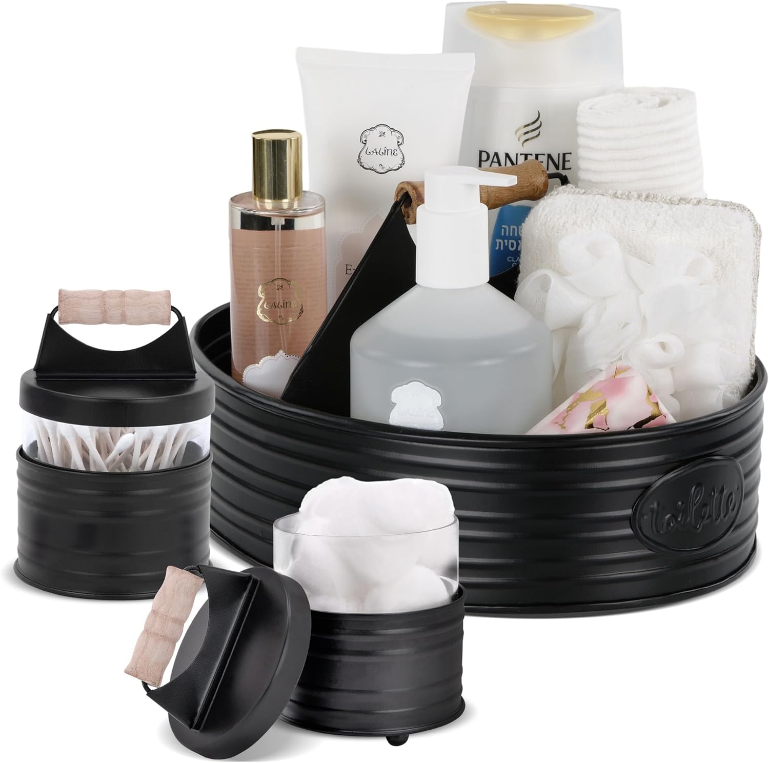 Autumn Alley Rustic Farmhouse Bath Caddy and Apothecary Jars Set – Black Bathroom Accessories, Vintage Organizer for Toiletries, Q-tips, Cotton Balls, and More