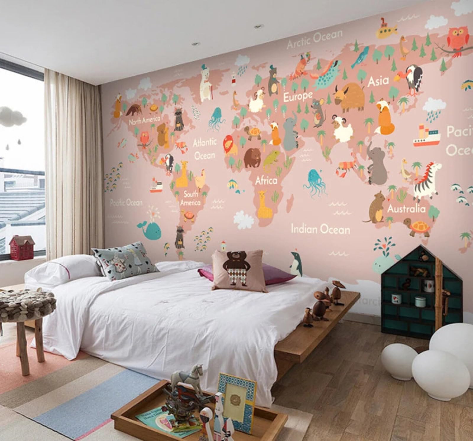 Tzxztt Cartoon Abstract Pink World Map Animals Modern 3D Wallpaper Premium Textured Silk Neutral Tones Material Ideal for Living Room Bedroom-400cm×280cm