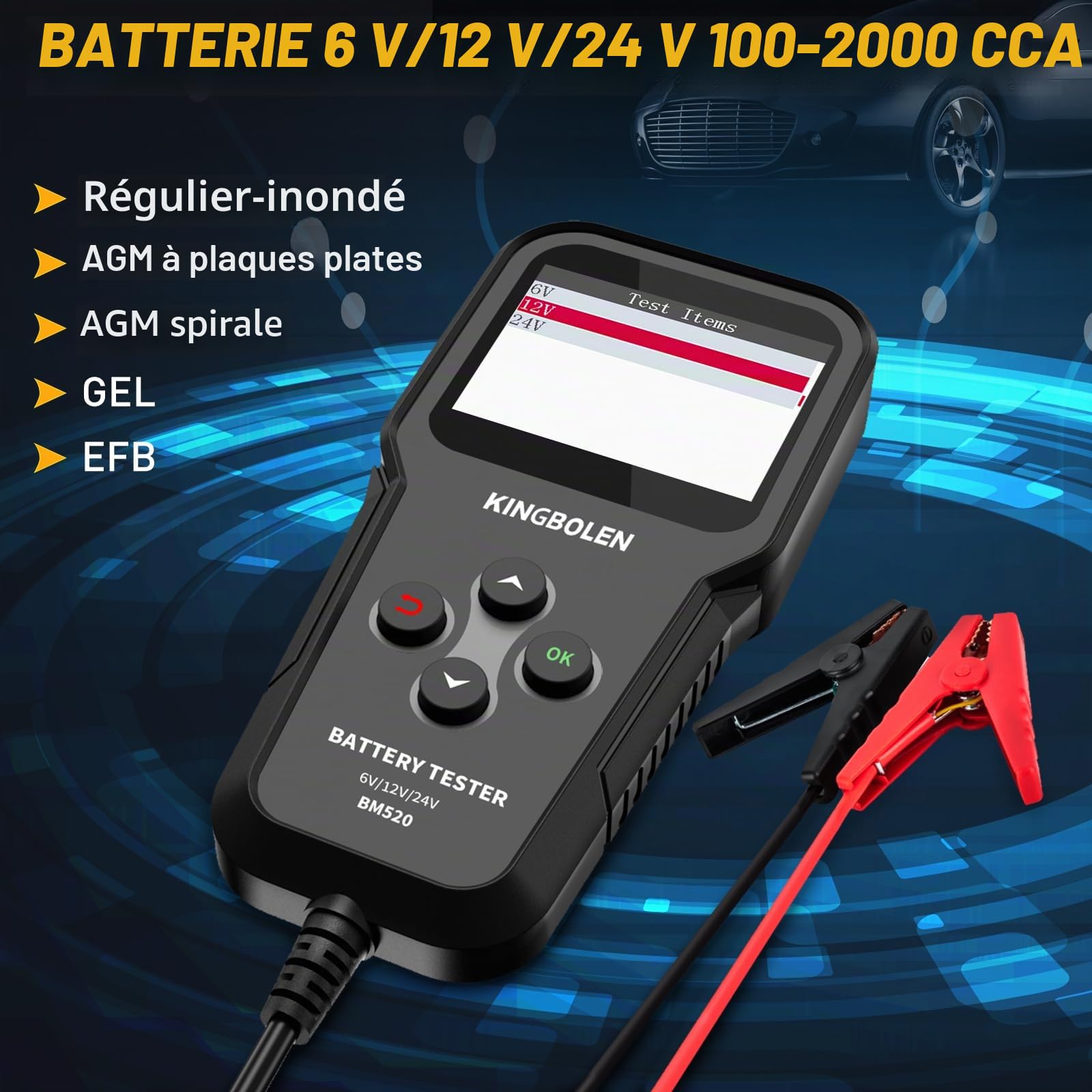 KINGBOLEN BM520 Testeur de Batterie AUTO 6V 12V 24V, 100-2000 CCA 2-200Ah Testeur d’alternateur automobile Analyseur de batterie numérique pour Voiture/Camion/Moto/ATV/SUV/Bateau/Yacht