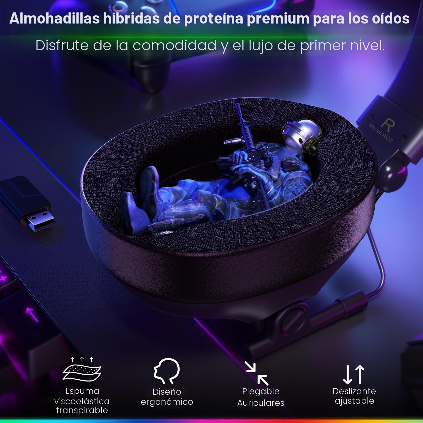 WESEARY WG2 Cascos Gaming Inalambricos, Auriculares Gaming Inalambricos de 2.4G para PS5, PS4, PC, Switch, Sonido Estéreo Auriculares con Microfono, Cascos con Luz LED, Duración 50Hr+