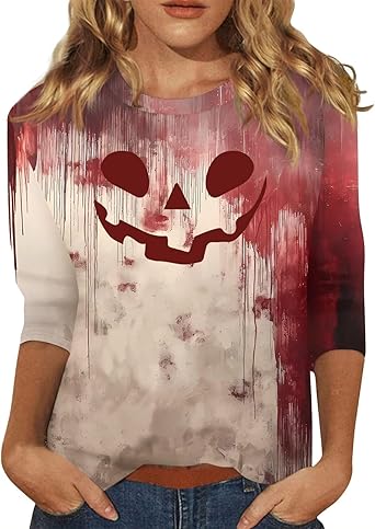 Halloween Shirts for Women 3/4 Sleeve Plus Size Crewneck Loose Fit Cute T Shirt Halloween Costumes for Women 2025