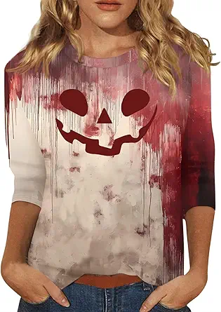 Halloween Shirts for Women 3/4 Sleeve Plus Size Crewneck Loose Fit Cute T Shirt Halloween Costumes for Women 2025