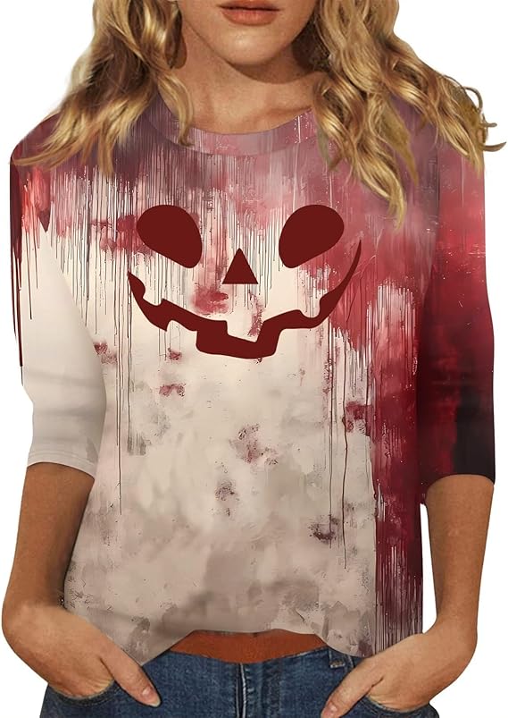 Halloween Shirts for Women 3/4 Sleeve Plus Size Crewneck Loose Fit Cute T Shirt Halloween Costumes for Women 2025