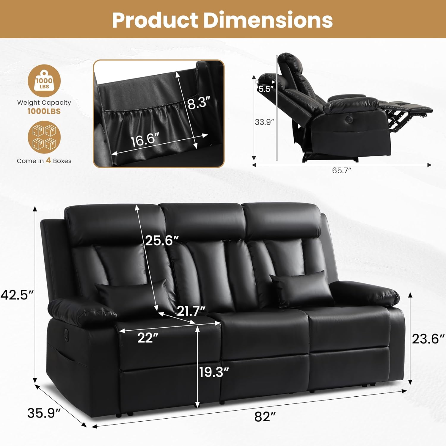 Power Reclining Sofa with Drop-Down Console and Lumbar Pillows, Leather 3-Seat Recliner Couch with USB & Type-C Ports, Cup Holders, Hidden Storage, Wall Hugger Recliner for Living Room RV Theater