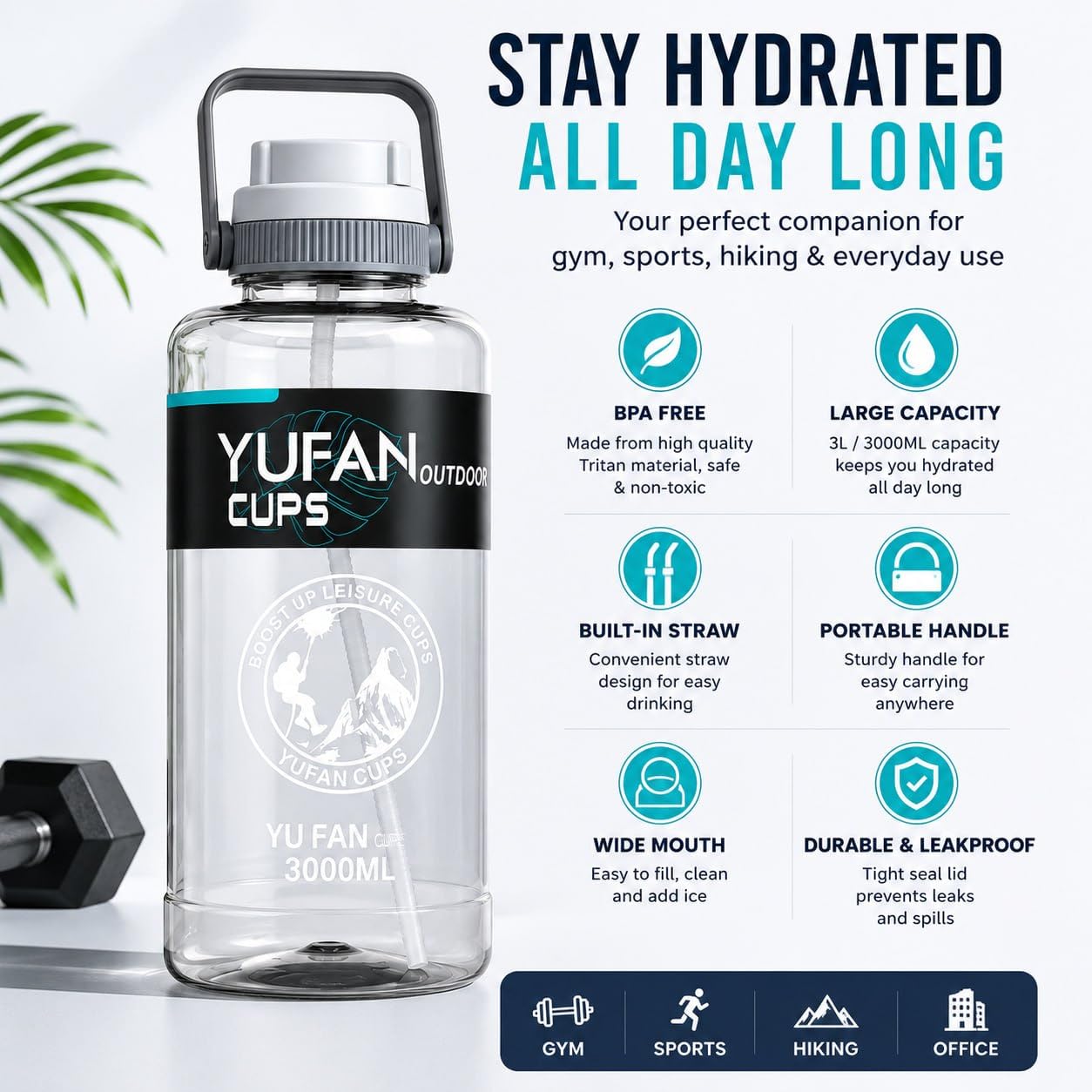 AQUAFIT YUFAN 3L Water Bottle - 100oz Large Sports Jug -5