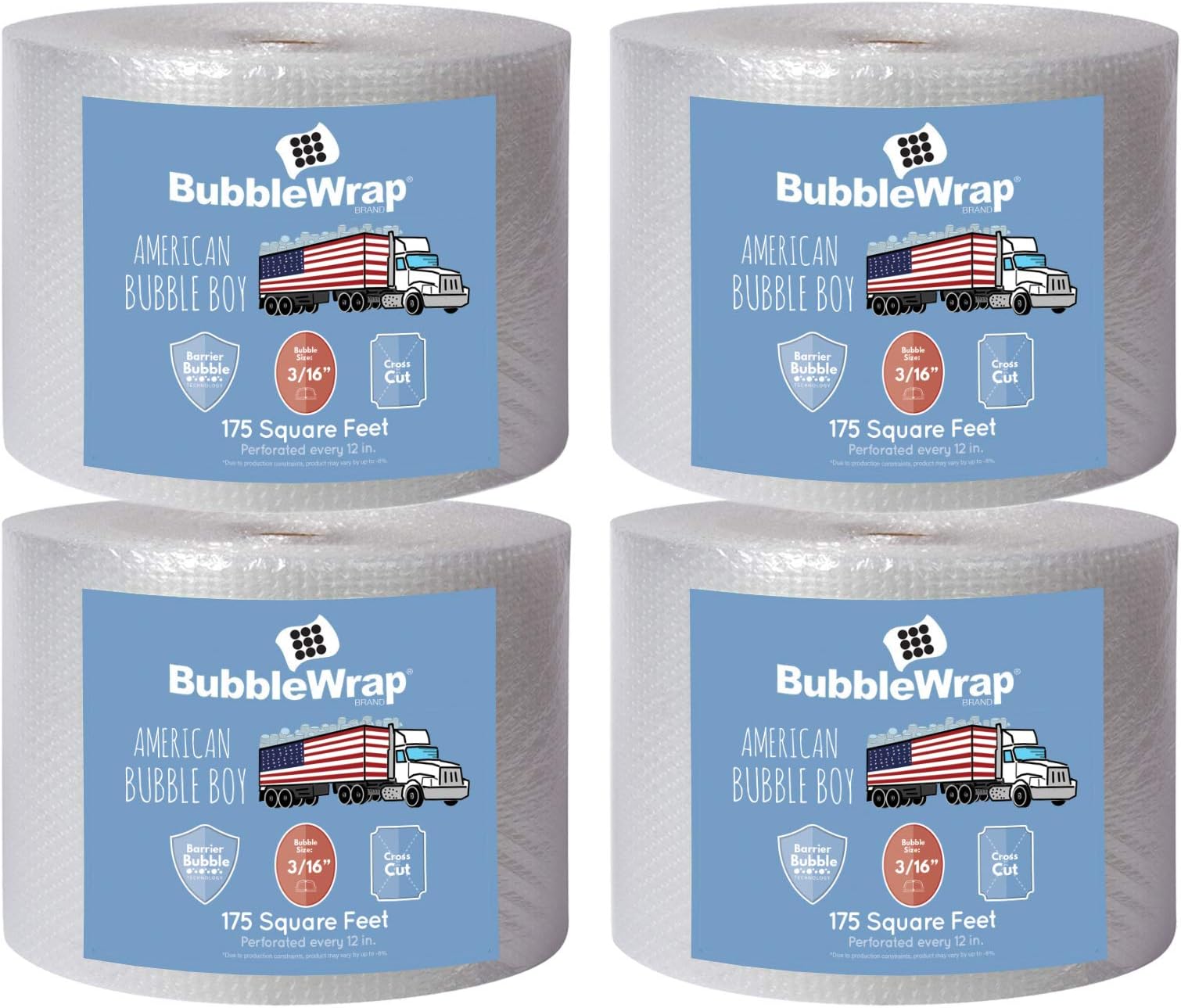 4 large rolls of Bubble Wrap total 700 feet, small bubbles 3/16 cushioning, 700 ft, heavy duty, perforated Every 12" Made in the USA by American Bubble Boy, bulk packaging wrap for moving and shipping