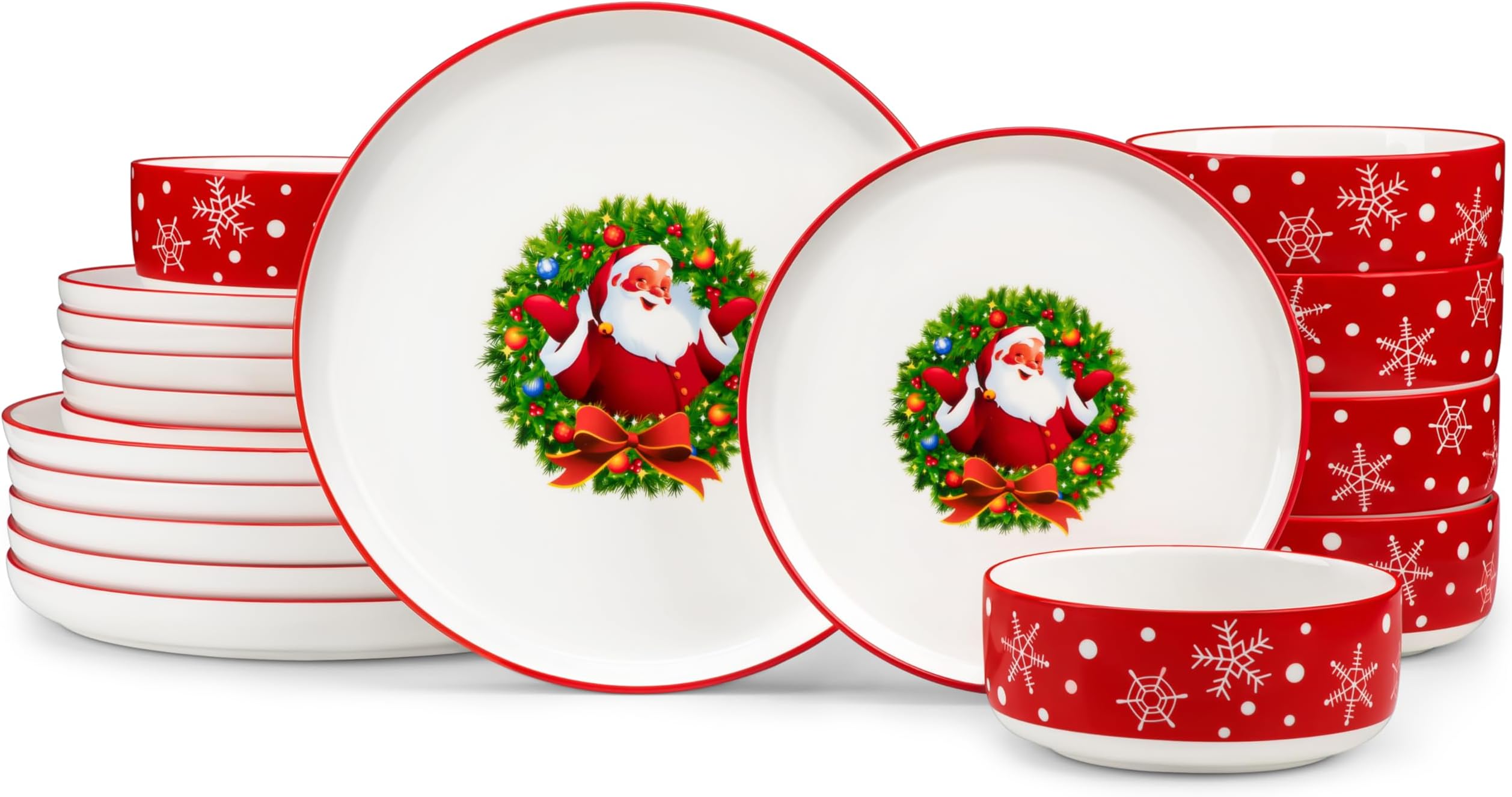 MALACASA Plates and Bowls Sets, 18 Pieces Christmas Porcelain Dinnerware Set for 6, Ceramic Dishware Dishes Kitchen Dinner Dining Ware Set, Microwave and Dishwasher Safe, Series LUNA-Santa Claus