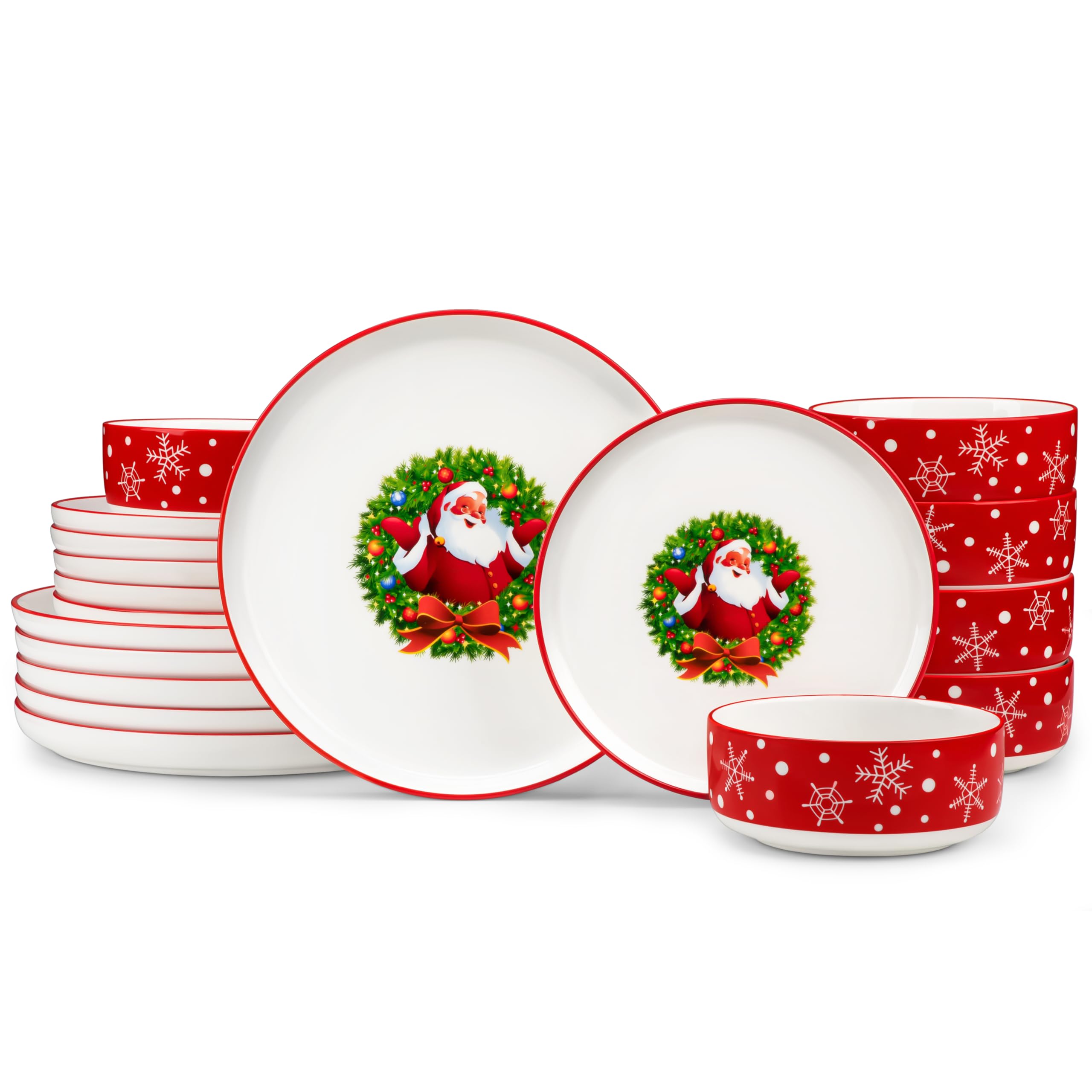 MALACASA Plates and Bowls Sets, 18 Pieces Christmas Porcelain Dinnerware Set for 6, Ceramic Dishware Dishes Kitchen Dinner Dining Ware Set, Microwave and Dishwasher Safe, Series LUNA-Santa Claus