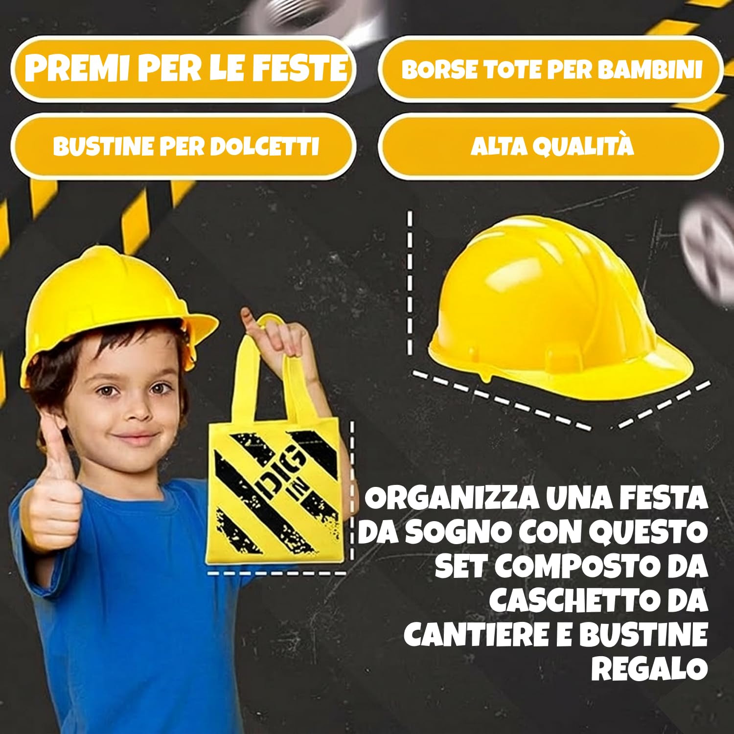 Bedwina Articoli per feste a tema Construction (24 pz) – 12 cappellini gialli da cantiere per bambini e 12 sacchetti regalo a tema Construction