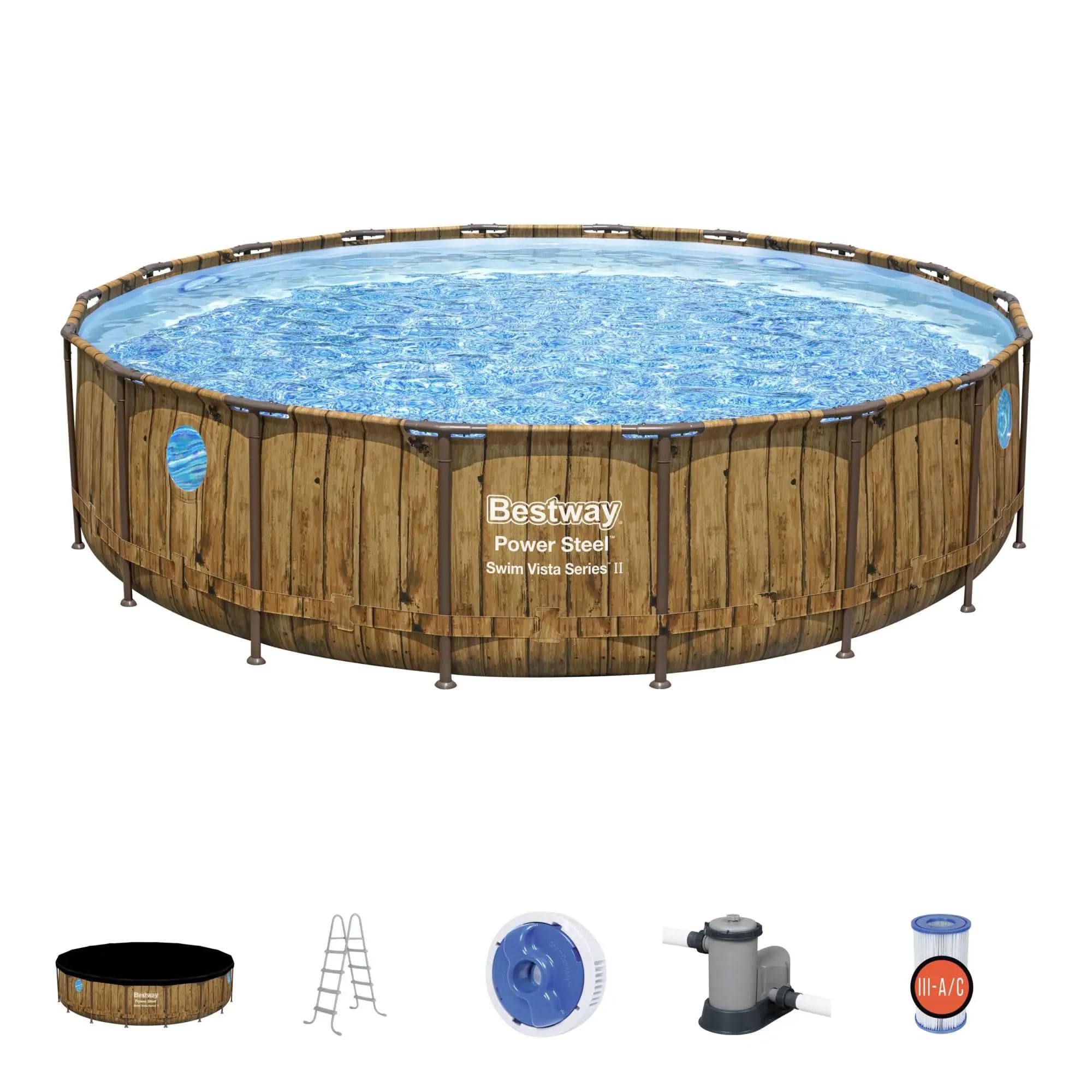 Bestway Power Steel Swim Vista Series II 18' x 48" Round Above Ground Outdoor Swimming Pool Set with Built-in Windows, Filter Pump, Ladder, and Cover