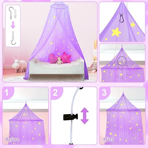 Vista 66 de South to East Toldo de cama de princesa para niñas con estrellas brillantes, toldo rosa para habitación de niñas, cortinas de techo para camas Rosa