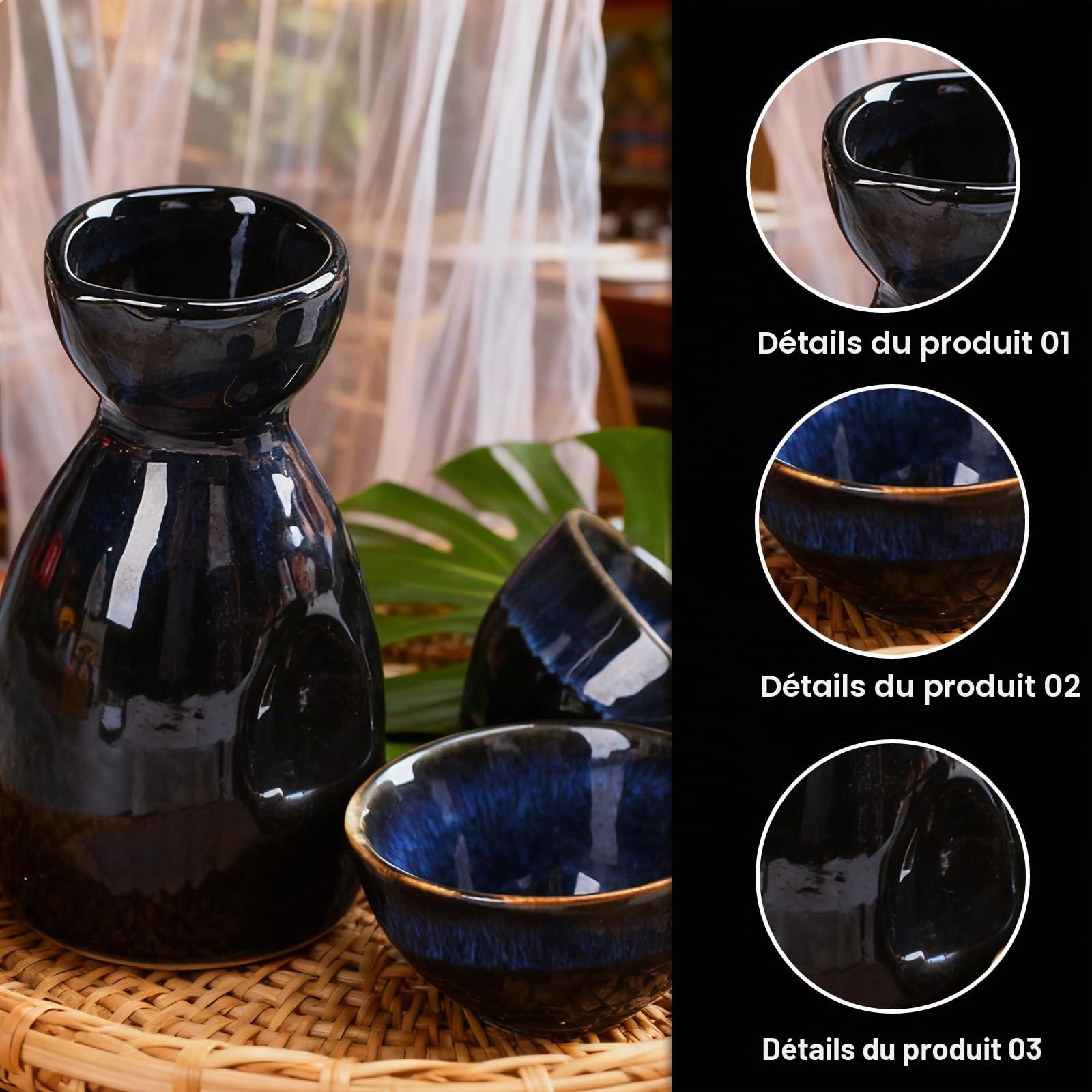 GOEDCH Ensemble de saké japonais traditionnel : ensemble de vin de riz bleu pour le style japonais Contient 4 gobelets à saké et 1 pot à saké, ensemble de saké artisanal pour la maison et les