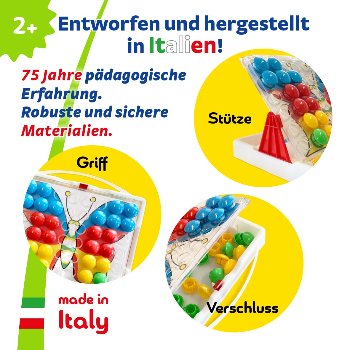 Quercetti Fantacolor Junior 48, Montessori Spielzeug 2 Jahre, Mosaik Spiel mit Magnetspiel Funktion, Lernspiele Kinder, Reisespiele, Geschenk Mädchen
