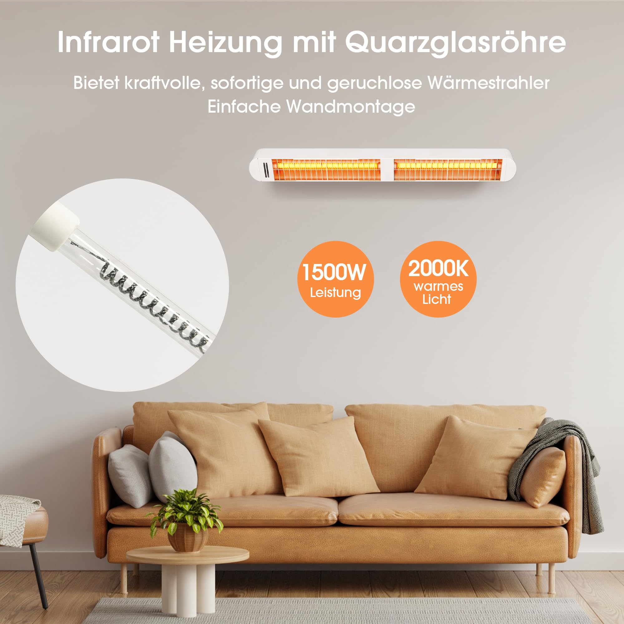 Byecold Infrarotheizung 1500W, Infrarot Heizstrahler mit Fernbedienung & WiFi APP, Wall-Mounted Hanging, Elektroheizung Wand & Deckenmontage, Innen & Außen, Terrasse, Balcony, Garten, Weiß