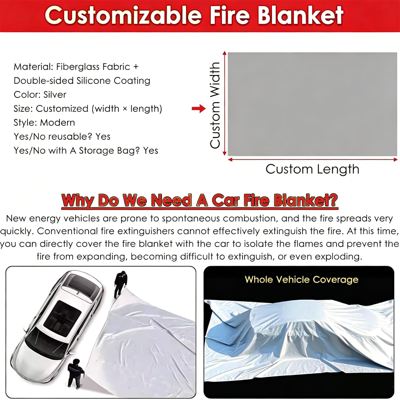 Manta Ignífuga Para Coches Eléctricos, Manta Ignífuga De Emergencia Para Coche, Manta Extintora De Seguridad De Silicona De Doble Cara Para Supervivencia Y Supresión De Incendios 3x4m/9.8x13.1ft