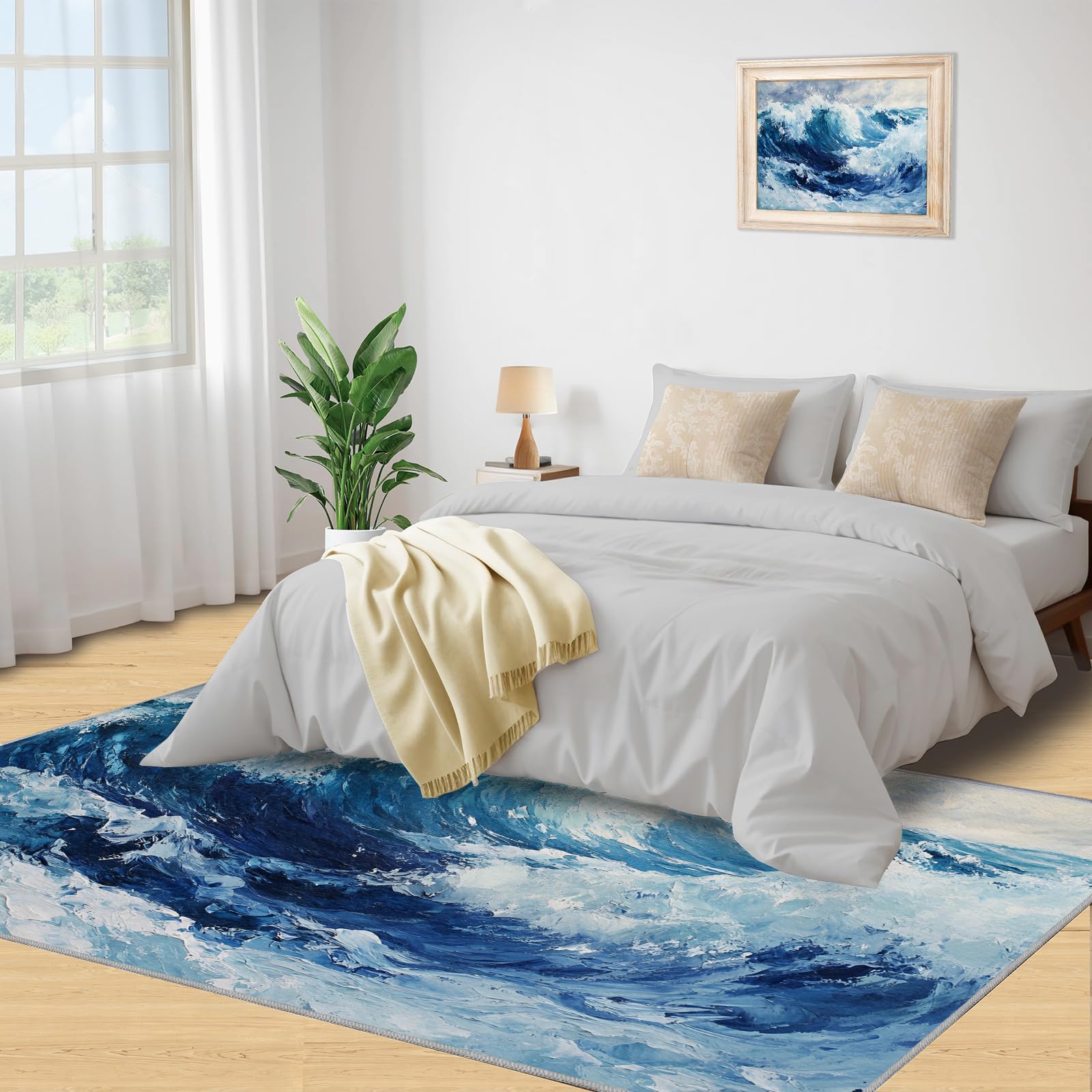 Tapis – Tapis de décoration d'intérieur, motif vagues de l'océan, tapis lavable pour salon, chambre à coucher, tapis d'intérieur antidérapant et à poils ras – Bleu océan – 100 x 150 cm – Cadeau