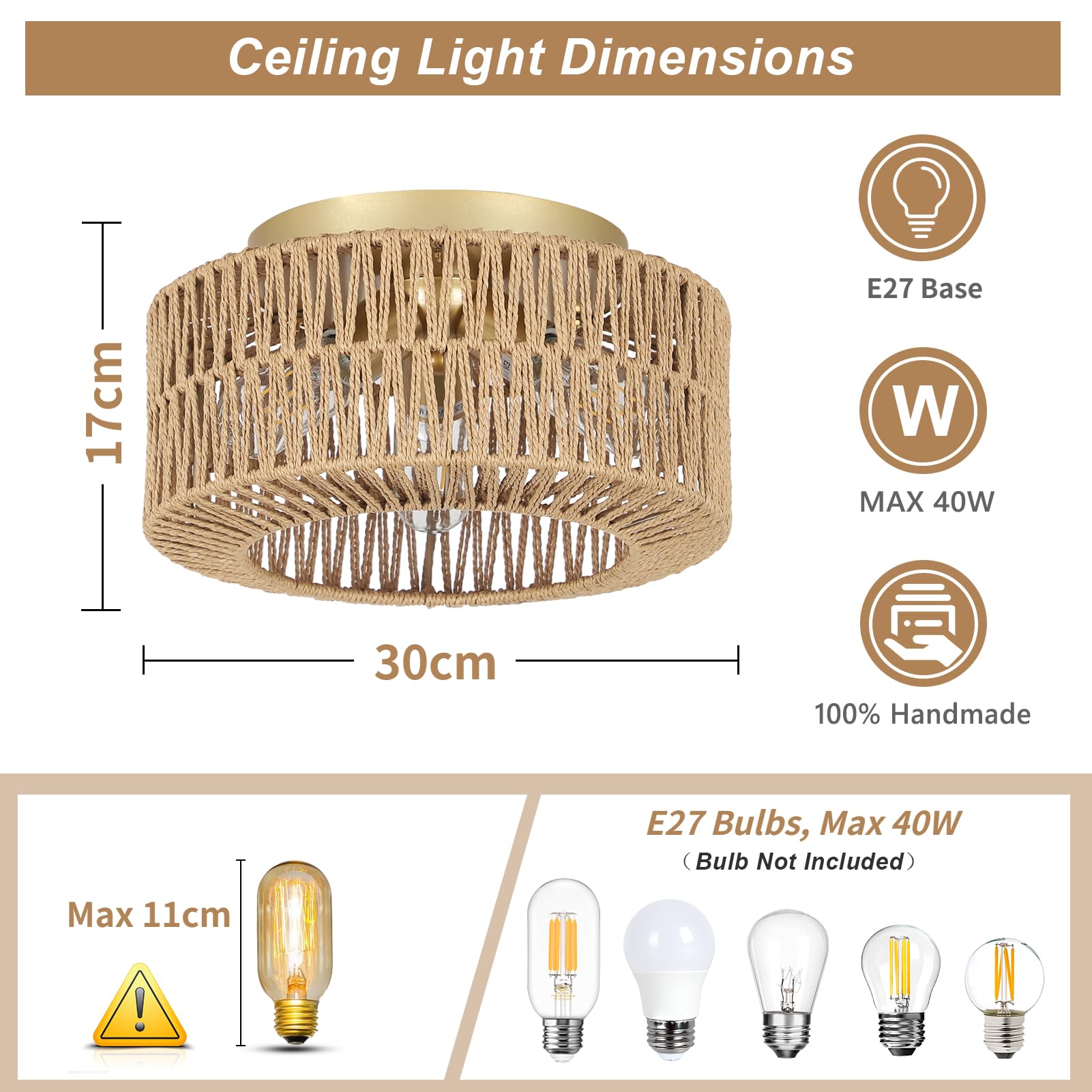 Rayofly Plafoniera Boho in Rattan a 3 Luci - Lampada da Soffitto Con Paralume in Rattan per Camera da Letto e Cucina - Stile Bambù