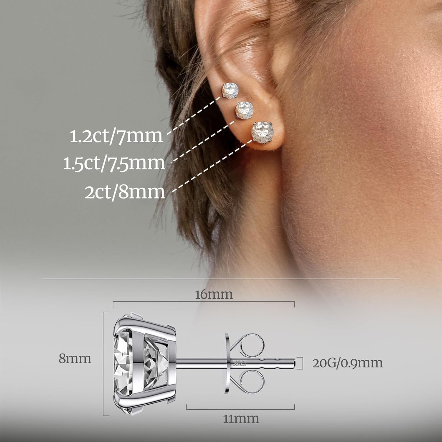 Moissanite Earrings, Diamond Stud Earrings for Women 1-3 CT 18K White Gold Plated/S925 Sterling Silver Earring for Men, Lab Grown Hypoallergenic Jewelry - Image 3