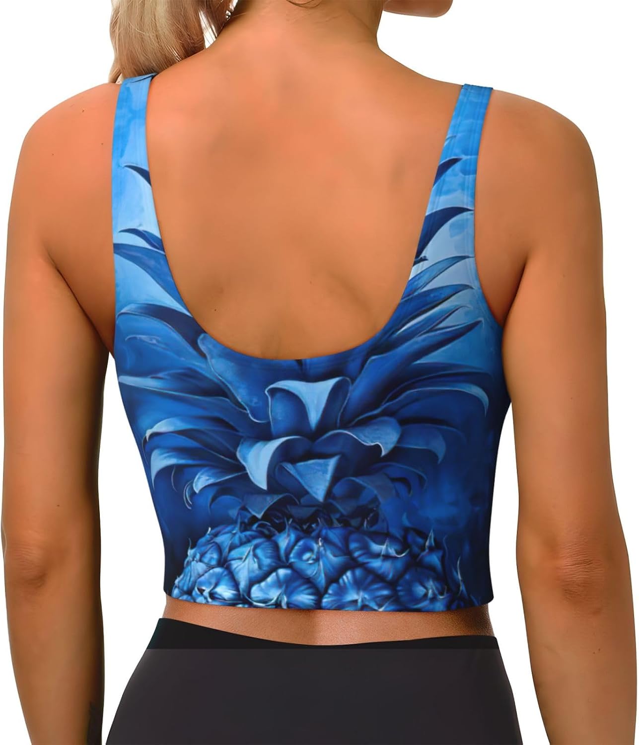 Blue Pineapple Print High Impact Sports Bras,Longline Sports Bra,Perfect for Yoga,Running and Gym Workouts