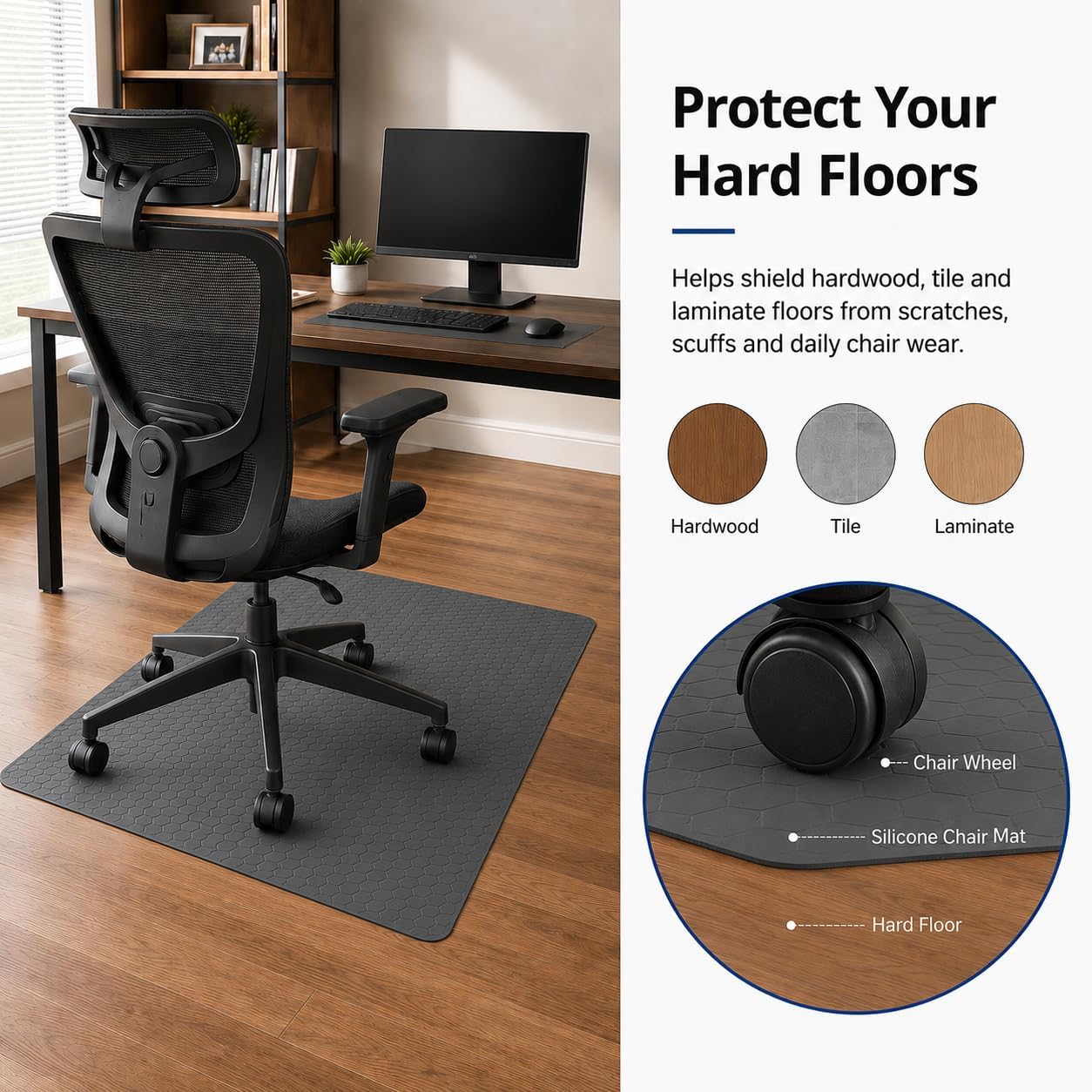 Silicone Office Chair Mat for Hard Floors, 36 x 48 Inch, 2 mm Thick Desk Chair Floor Protector with Honeycomb Texture, Non-Slip, Washable and Wear-Resistant, Gray