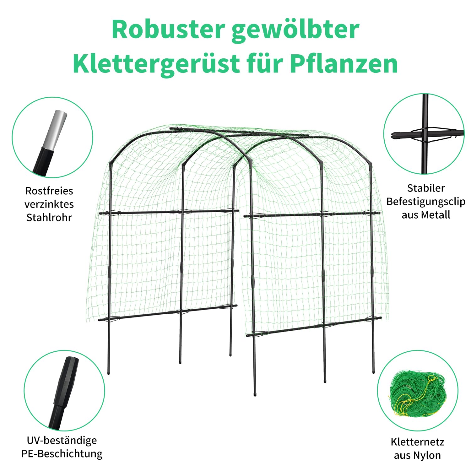 SUNYRISY Große Gurken Rankhilfe, Gartenbogen für Kletterpflanzen Rankhilfen, 220cm Hoher PE Beschichtete Metall Rankgitter mit Ranknetz, Rankbogen Rankgitter für Gurke, Blumen, Erbsen