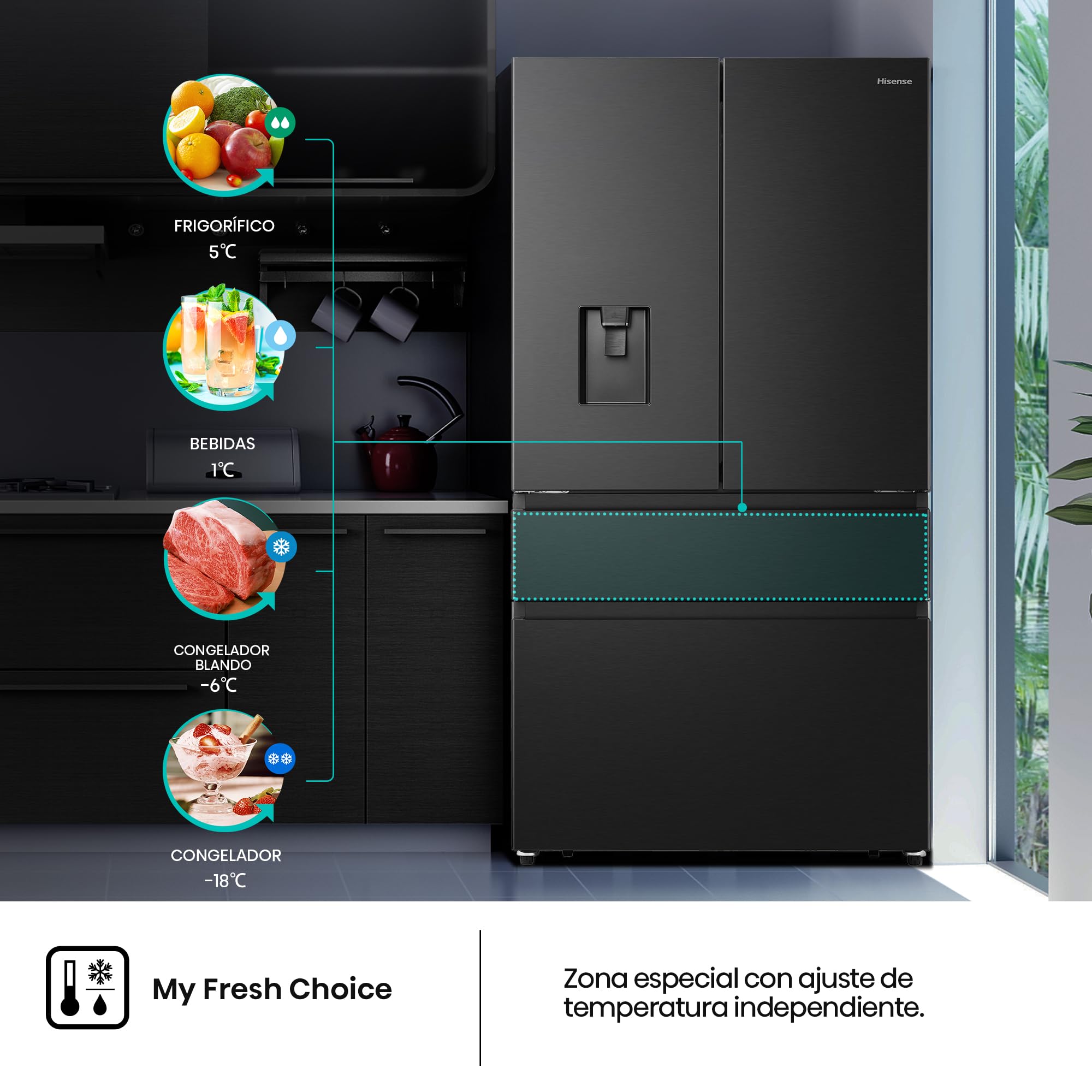 Hisense RF749N4SWFE - Frigorífico Americano Puerta Francesa Total No Frost, 579L,179cm, Metal-Tech Cooling, My Fresh Choice, Multi Airflow, Dispensador Agua con Depósito, Inverter, WiFi, Dark Inox