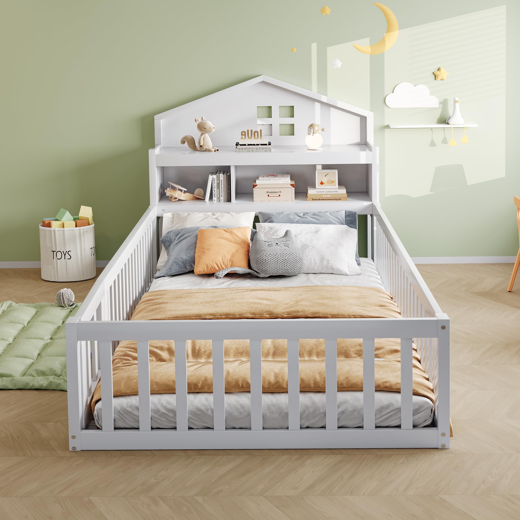 Kinderbett Bodenbett 90x200 cm mit Rausfallschutz&Lattenrost&Tür &Stauraum-Kopfteil&Tafel, Montessori Bett Bed Gitterbett Hausbett Kinder Jugendbett Einzelbett Holzbett Bettgestell, Massivholz, Weiß