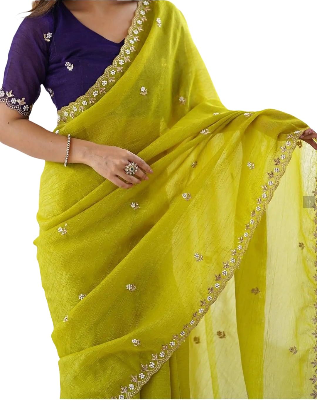 Women's Embellished Saree, Lime Yellow with Purple Blouse, Mirror Work Border, Traditional Indian Ethnic Wear