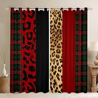 Manfei Leopard Print Window Curtains Red Black Plaid Window Drapes for Kids Girls Room Decor, Brown Wild Cheetah Skin Window Treatments Grommet Top 2 Panel Set Bedroom Curtains, 52Wx63L inch