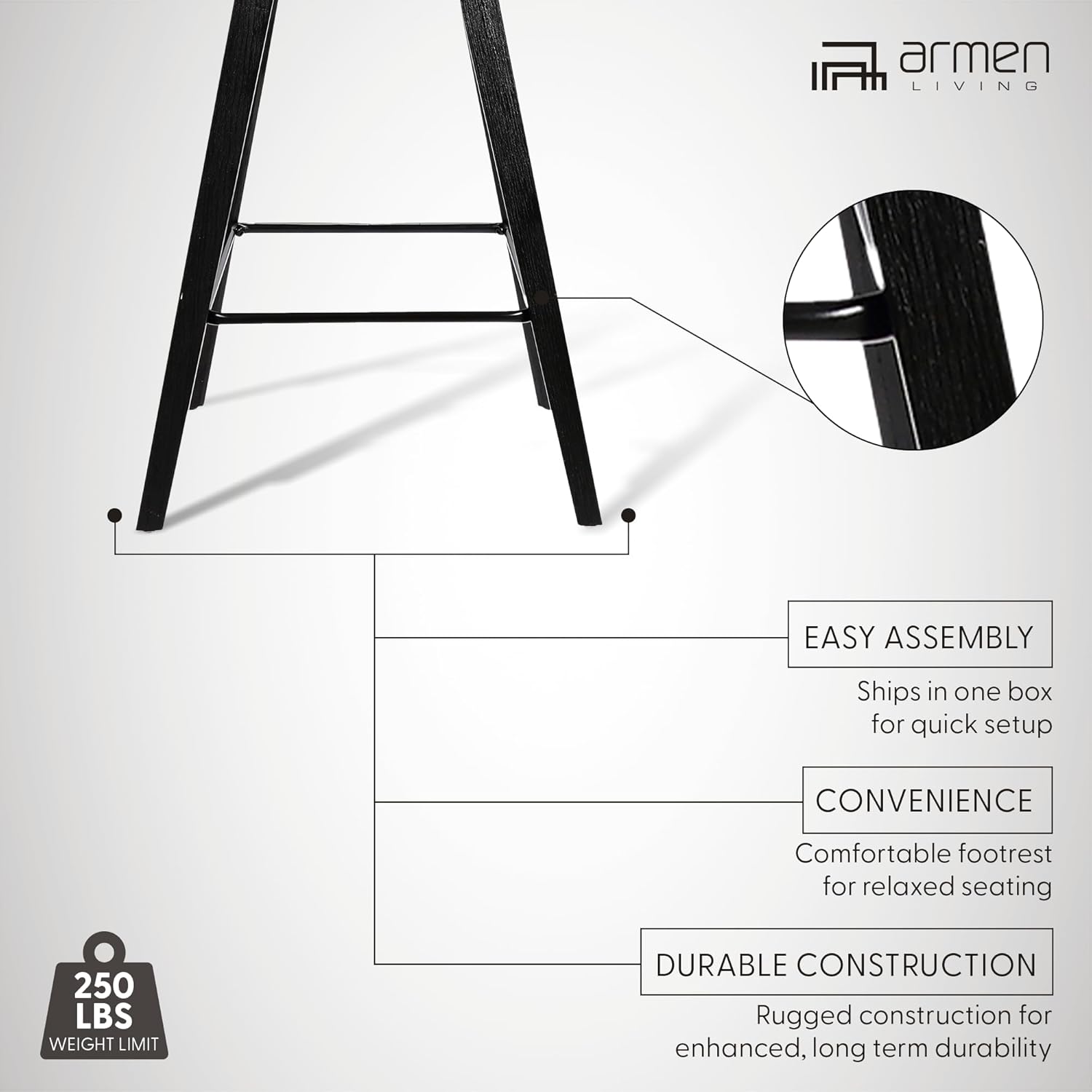 Armen Living Fox 28.5" Bar Height Black Faux Leather and Black Wood Mid-Century Modern Bar Stool