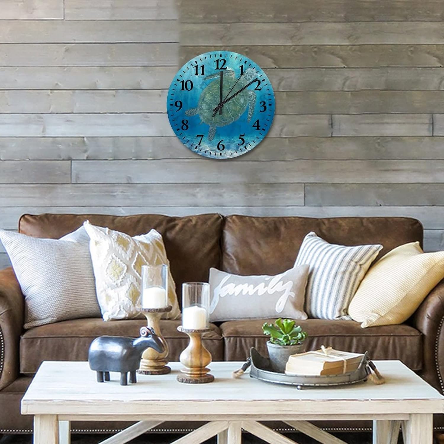 Wooden Wall Clocks Sea Turtle Room Decorative Wall Clock Battery Operated Silent Non-Ticking Arabic Numbers Vintage Beach Theme Round Clock for Living Room Kitchen Bedroom 12 Inch