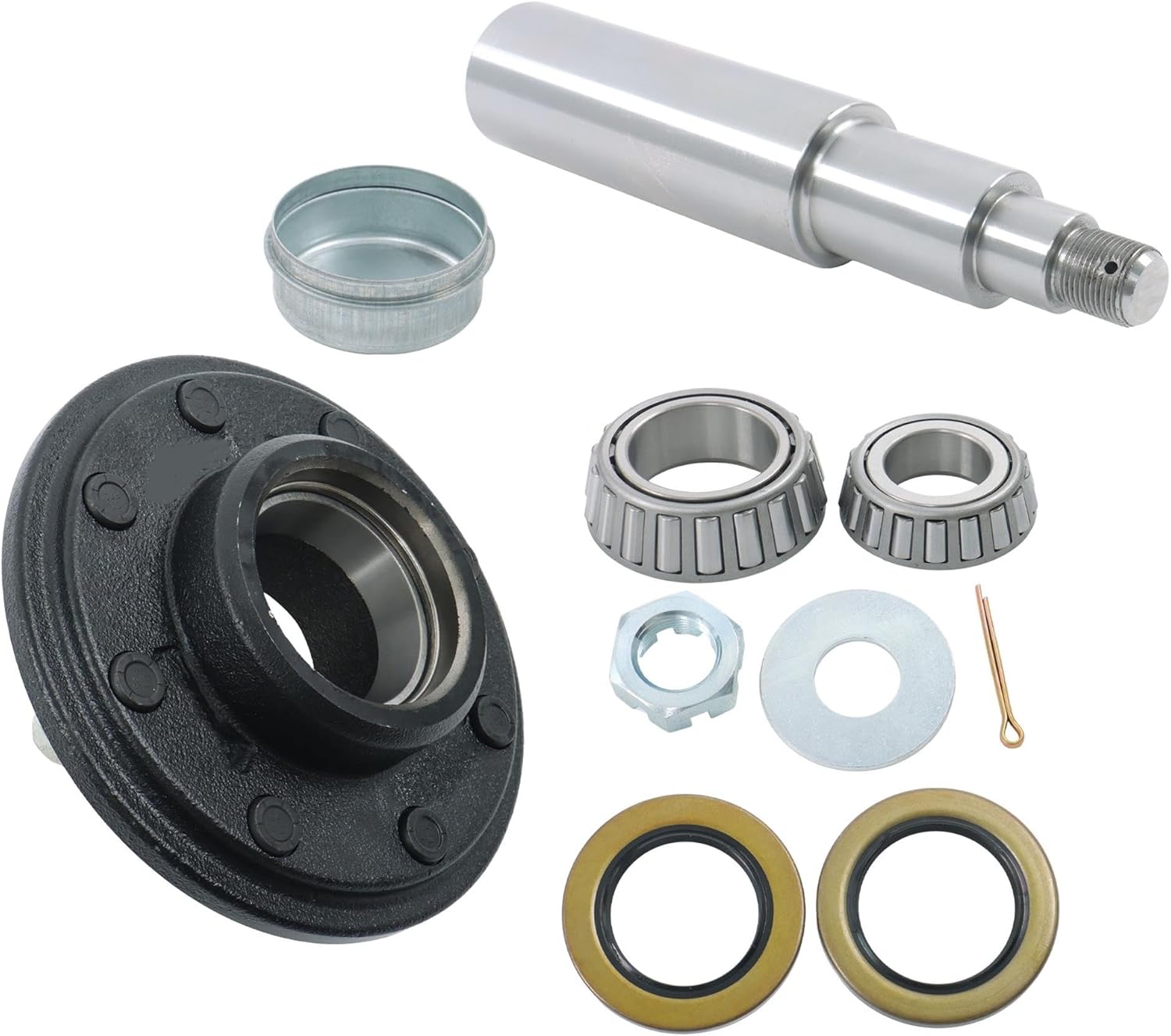 8 on 6.5 Inch Trailer Hub and Round #42 Spindle with Trailer Bearing Kit for 7000 lbs