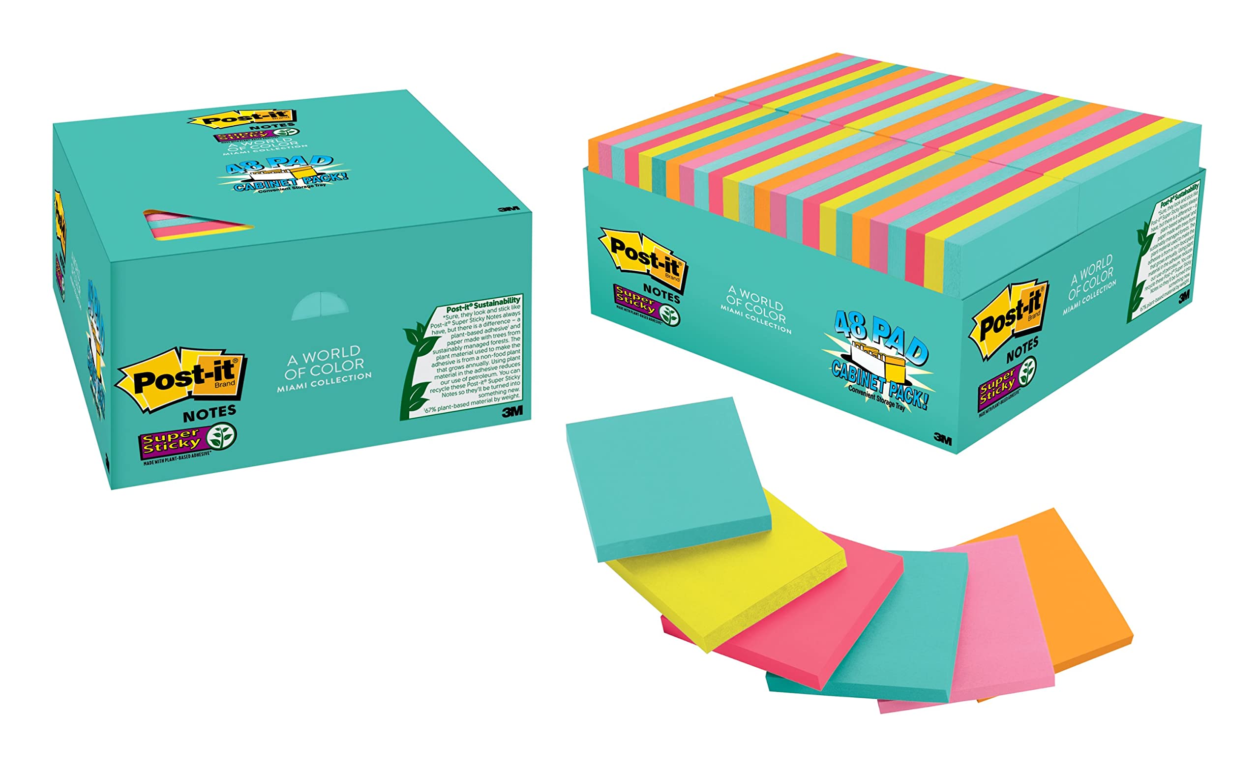 Post-it Super Sticky Notes, 3x3 in, 48 Pads, 2x the Sticking Power, Miami Collection, Neon Colors (Orange, Pink, Blue, Green), Recyclable (654-48SSMIA-CP)