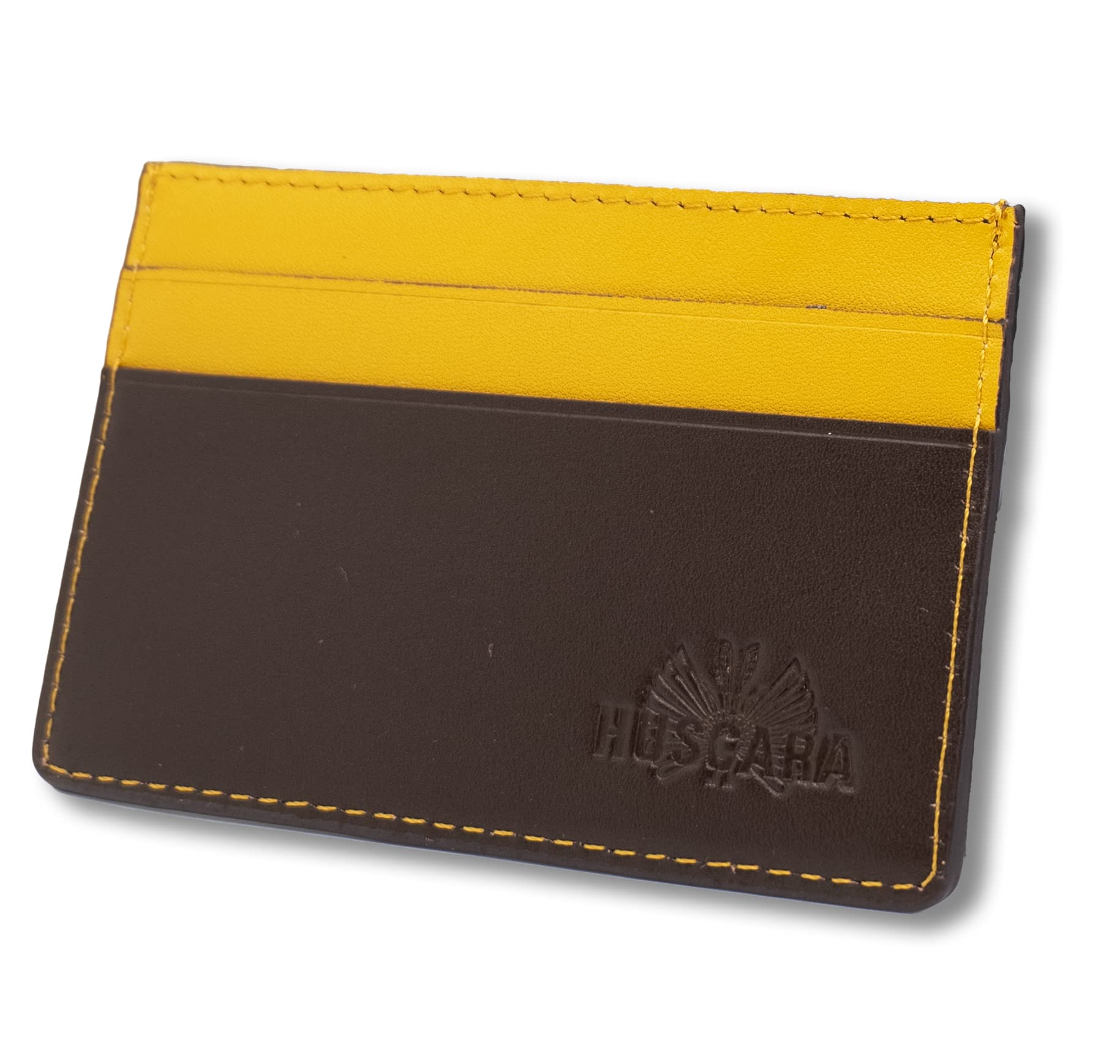 HUSCARA LTDHUSCARA Mens Card Holder Wallet Small & Compact| RFID Blocking | Premium Grade Leather | Four Card Slots (Two per Side) and Central Cash are (Mustard Yellow)