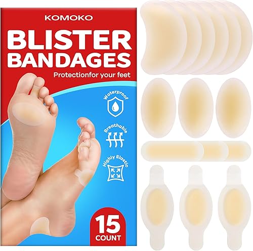 Komoko - Vendajes de ampolla para pies (15 unidades), vendajes hidrocoloides impermeables para ampollas, almohadillas adhesivas ultrafinas, banda de