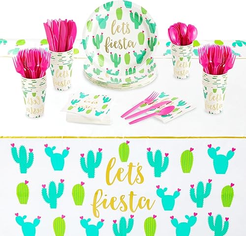 Sparkle and Bash 145 piezas de suministros de fiesta de Let's Fiesta, platos de cactus, servilletas, vasos, cubiertos, mantel para cumpleaños,